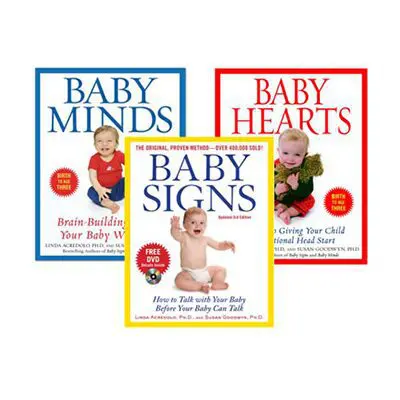 PBaby Signs® Parenting Book Series Covers of three parenting books by Drs. Linda Acredolo and Susan Goodwyn: "Baby Signs," "Baby Minds," and "Baby Hearts," each featuring smiling babies.