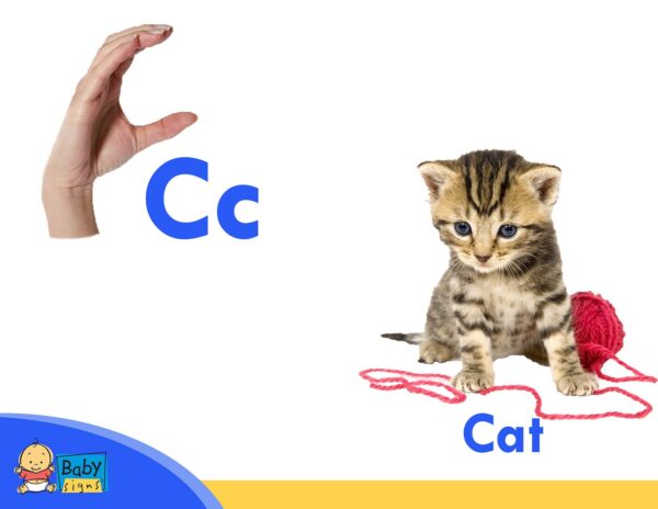 Sign language for the letter C and a kitten.