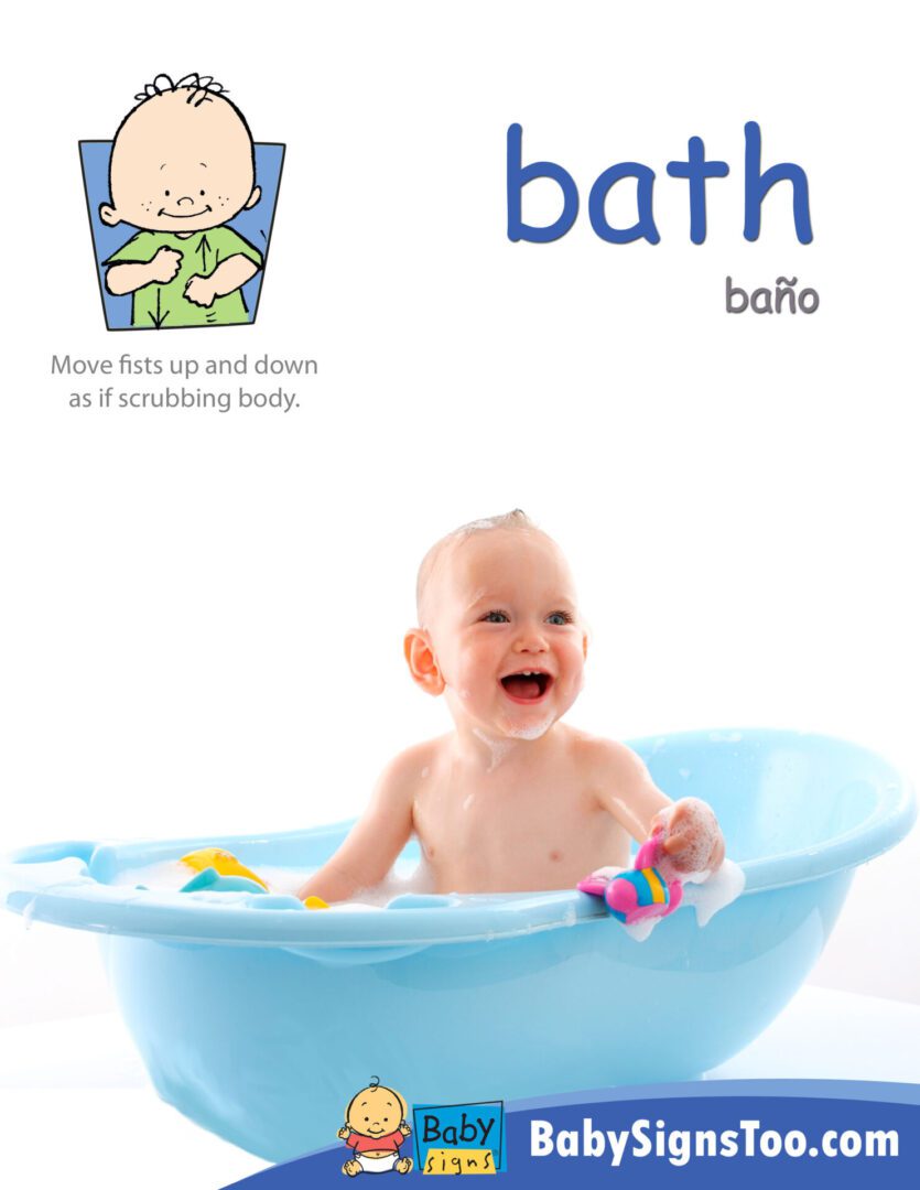 A baby in a bathtub with a Bath Time Signs Poster Pack.