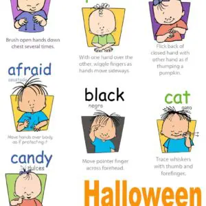 Baby Signs® Halloween Poster showing signs for costume, spider, pumpkin, afraid, black, cat, and candy