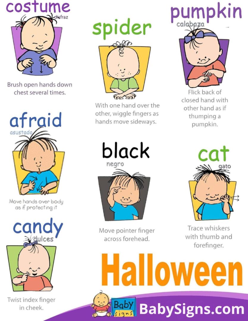 Baby Signs Halloween Signs Poster – Costume, Spider, Pumpkin, Afraid, Black, Cat, Candy Baby Signs® Halloween Poster showing signs for costume, spider, pumpkin, afraid, black, cat, and candy