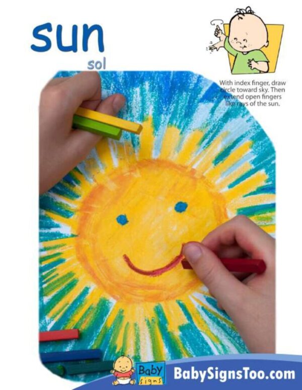 A baby is drawing a sun on a piece of paper for the Summer Signs Poster Pack.