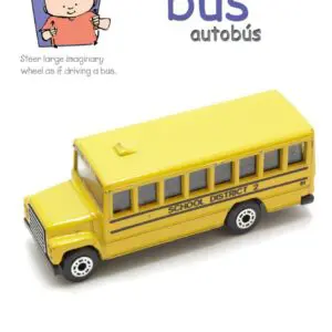 A yellow toy school bus with a Transportation Signs Poster Pack on it.