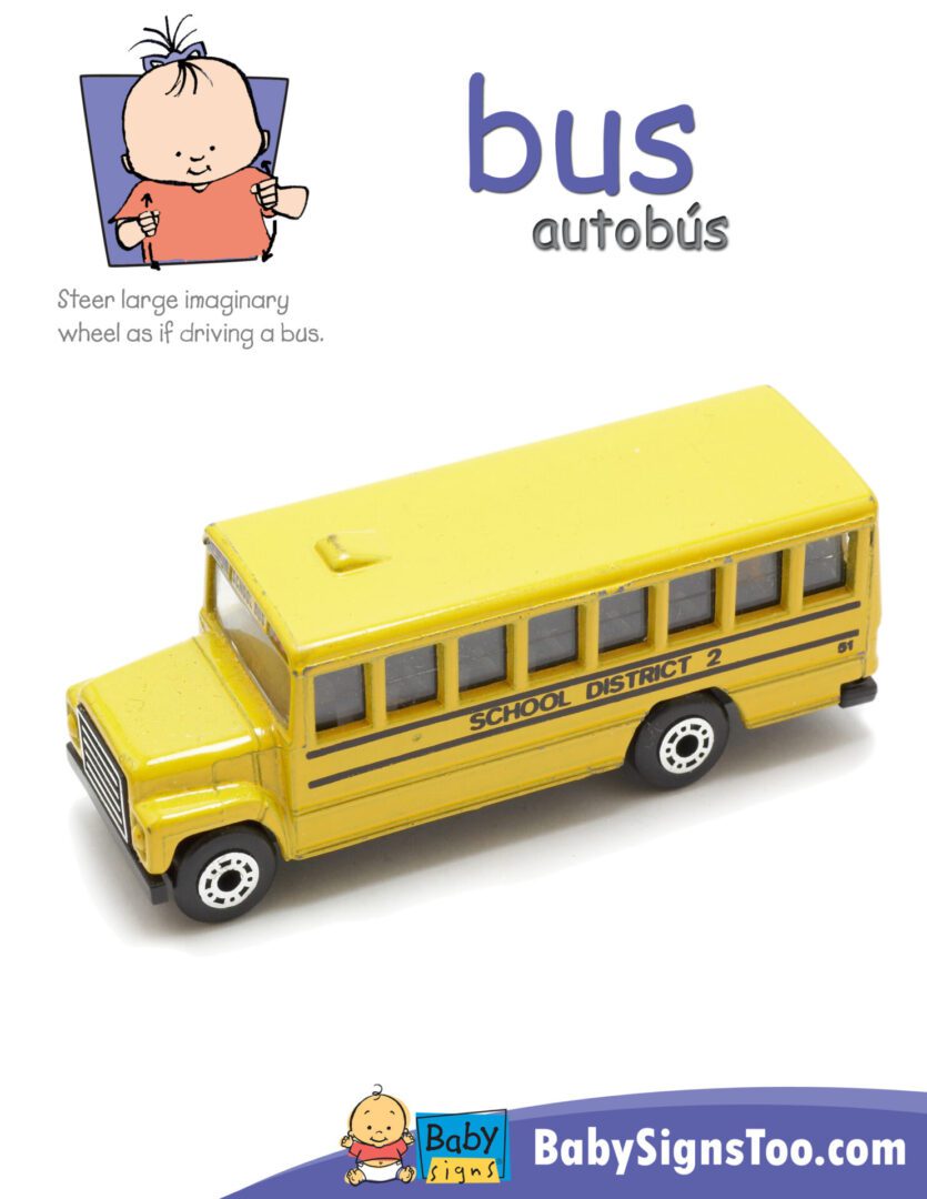 A yellow toy school bus with a Transportation Signs Poster Pack on it.