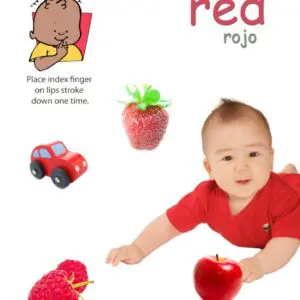 Baby Signs Red color poster showing the ASL sign for “Red” with DiaperDoodle illustration, Spanish word “rojo,” and red objects
