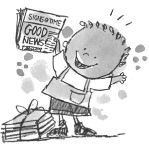 A drawing of a boy holding a newspaper while making baby signs.