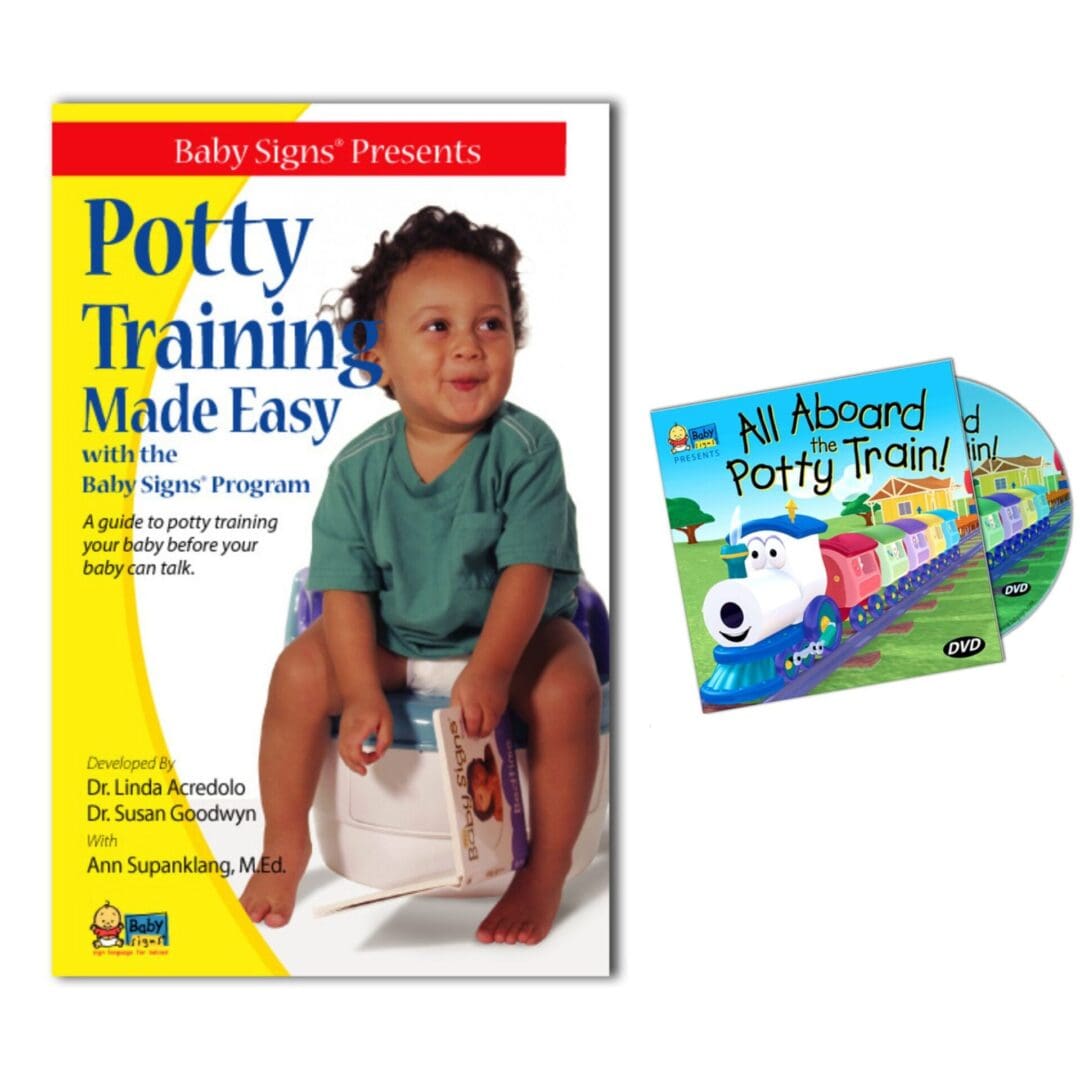 Potty Training Made Easy parent guide with toddler on potty chair and All Aboard the Potty Train! DVD cover