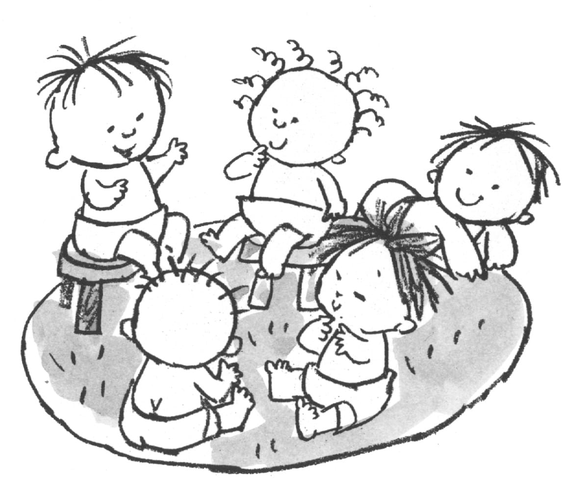 Black-and-white illustration of a diverse group of babies and toddlers gathered together, using gestures and interacting with one another.