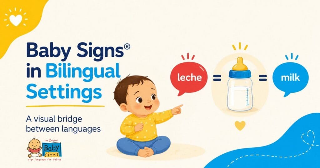 Baby Signs® graphic showing how a baby can connect “leche” and “milk” using a shared visual meaning in bilingual settings