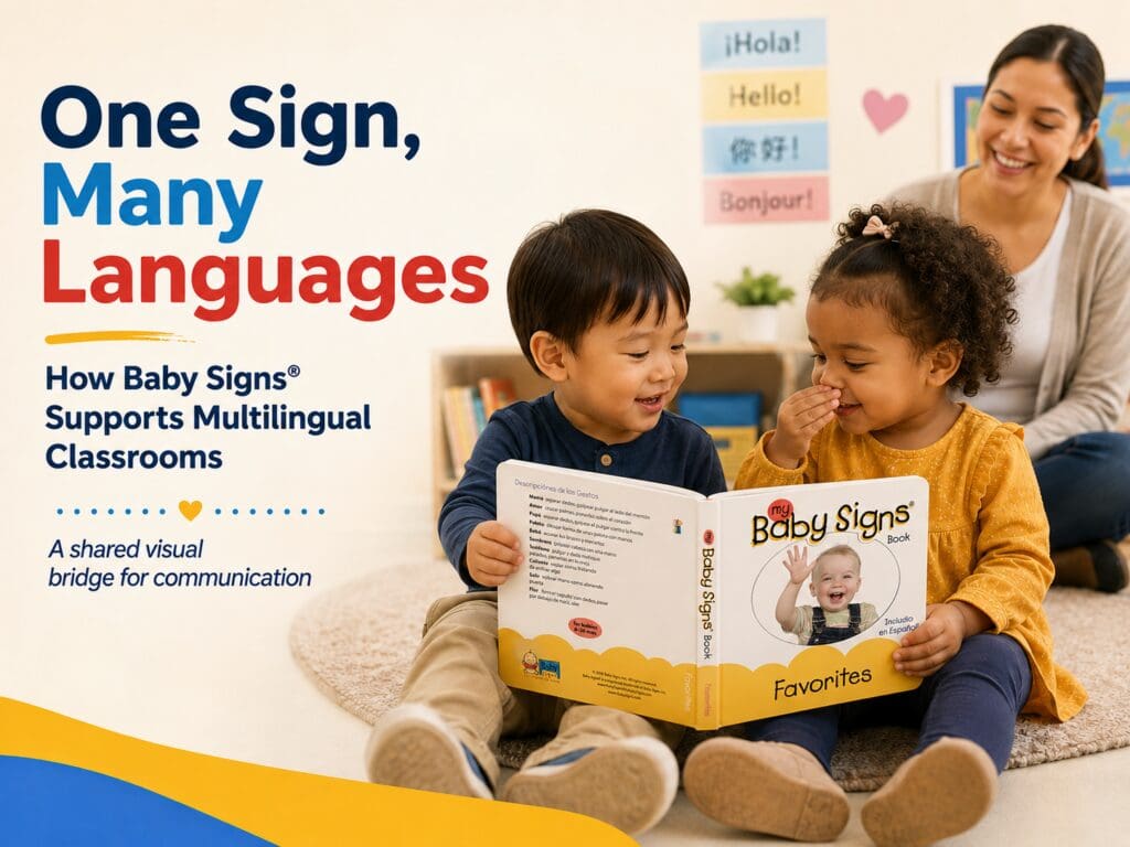 Two toddlers sharing the Baby Signs® Favorites board book in a multilingual classroom while one child demonstrates the sign for FLOWER.
