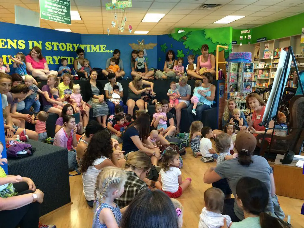 A group of children sitting on the floor in a library.