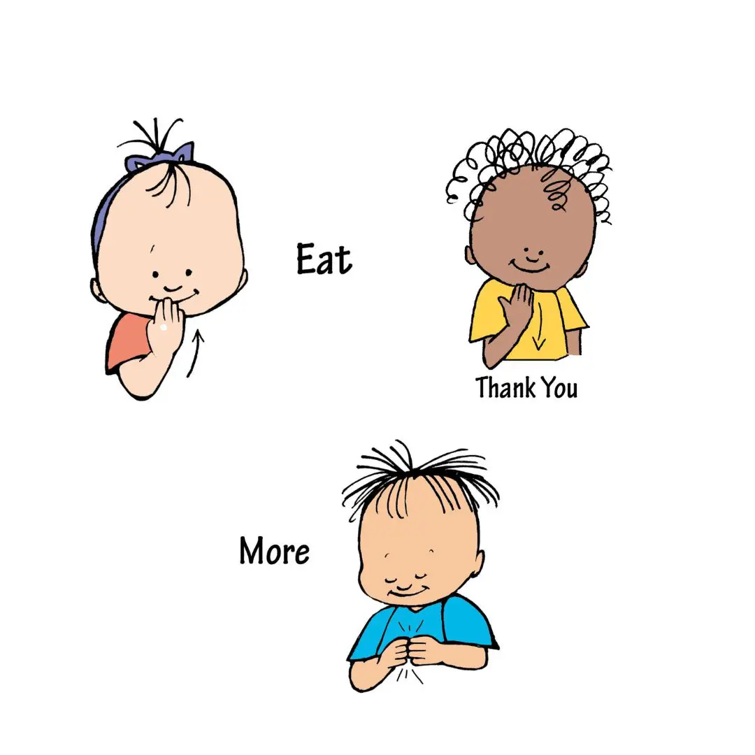 EAT-THANK-YOU-MORE-1 Three diverse cartoon toddlers showing basic Baby Signs for "eat," "thank you," and "more.