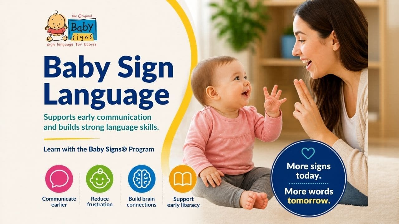 Parent and baby using baby sign language to support early communication and language development