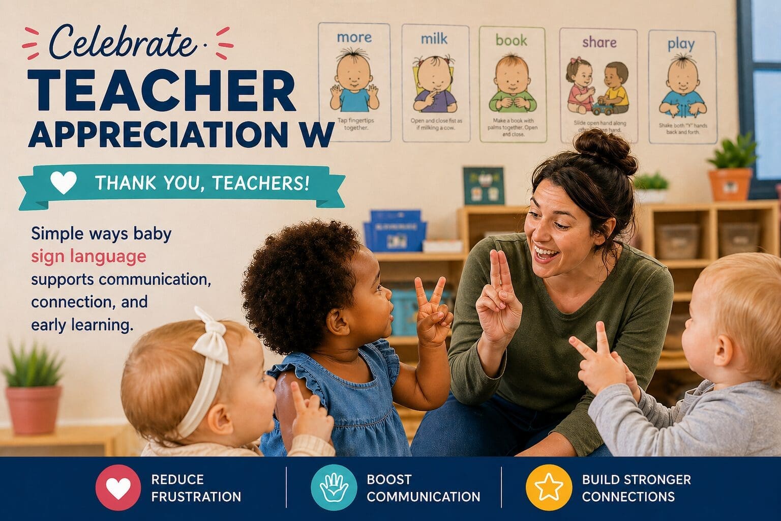 Teacher using baby sign language with toddlers in a classroom during Teacher Appreciation Week with Baby Signs posters on the wall