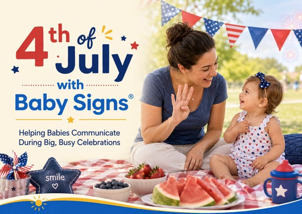 Caregiver signing with a toddler at a 4th of July picnic to show how Baby Signs® helps babies communicate during celebrations.