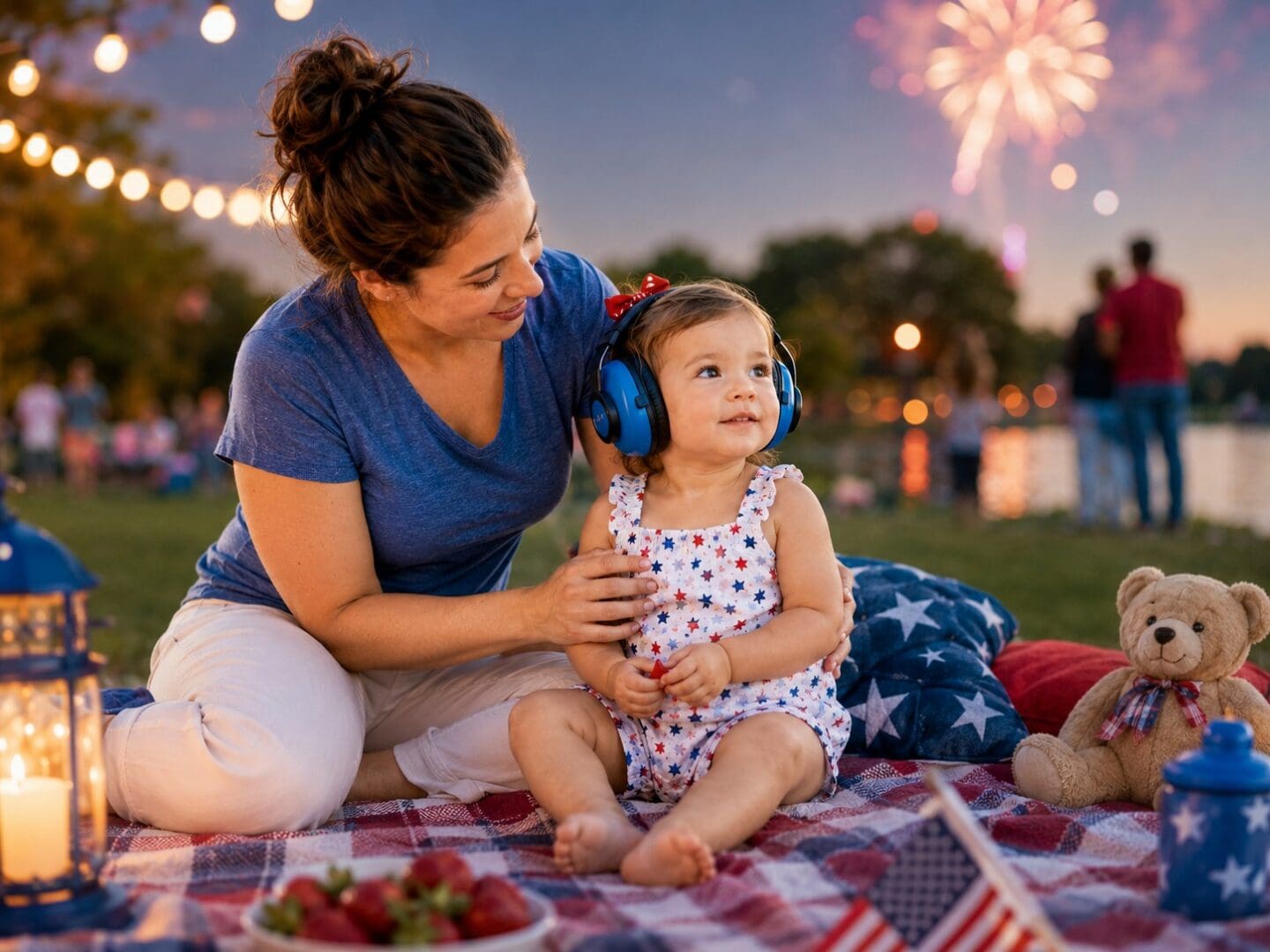 Caregiver sitting with a toddler wearing noise-reducing headphones during a 4th of July fireworks celebration.