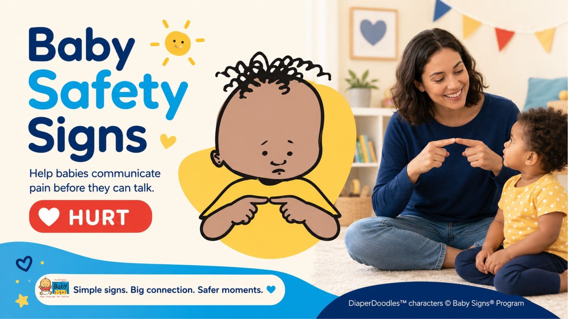 Baby Signs® featured image showing the HURT sign with a DiaperDoodles™ character and a caregiver teaching a toddler the HURT sign.
