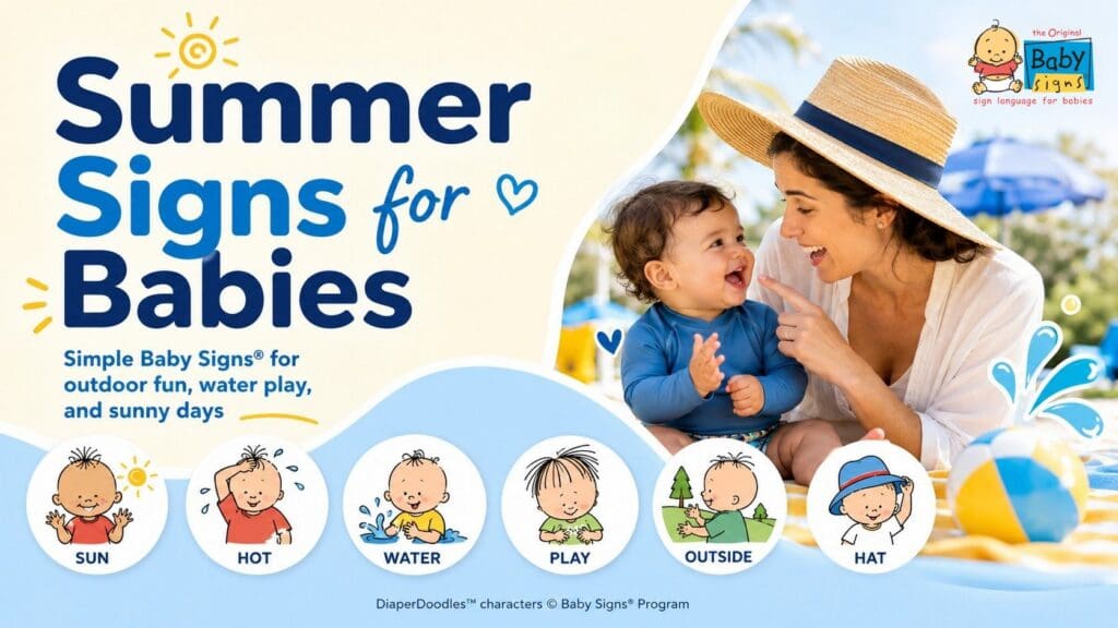Caregiver and baby using Baby Signs for summer activities with signs for SUN, HOT, WATER, PLAY, OUTSIDE, and HAT