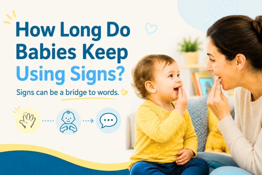 Caregiver and baby demonstrating the sign for EAT to show how baby signs can support the transition to words.