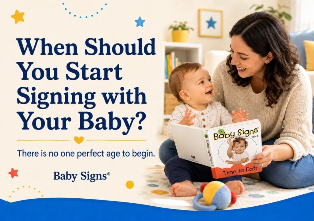 Caregiver reading with a baby alongside text that says When Should You Start Signing with Your Baby?