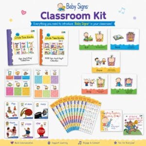 Baby Signs® Classroom Kit materials including circle time books, sign posters, quick reference guides, photo cards, and music resources for infant and toddler classrooms.