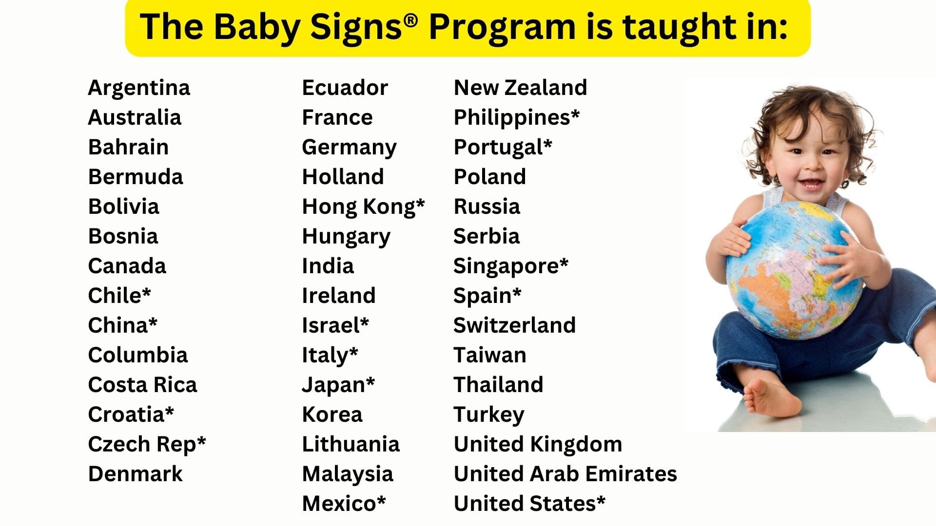 International (3) Baby signs program, worldwide reach.