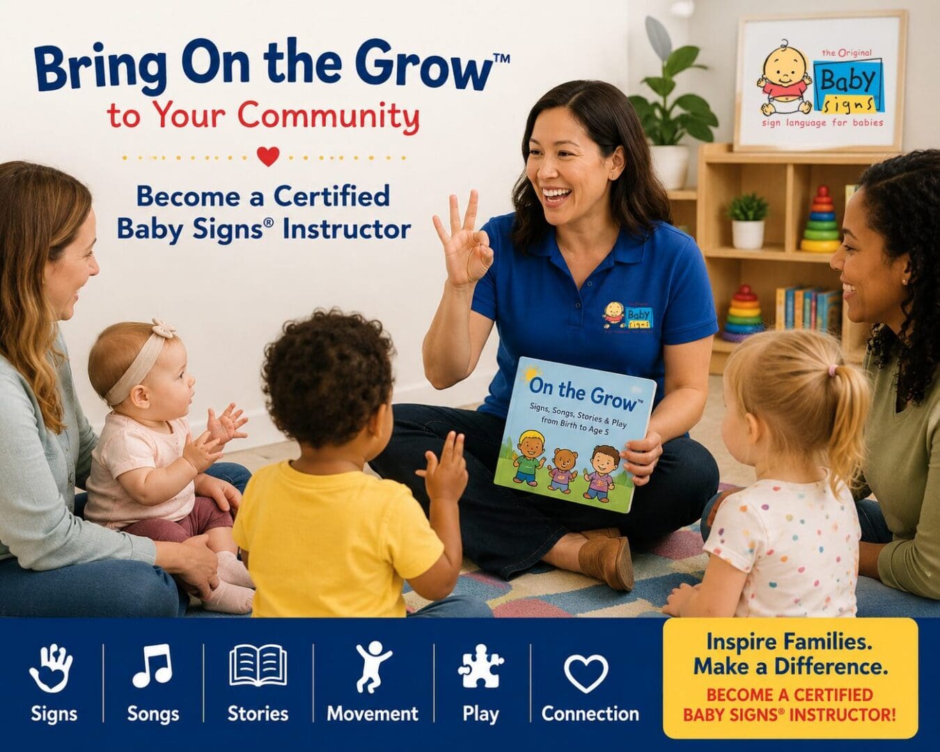 Baby Signs® instructor leading an On the Grow™ parent-child class with families and young children.