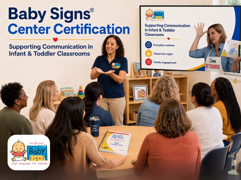 Diverse Baby Signs® facilitator leading a Center Certification training for early childhood educators in an infant and toddler classroom setting.