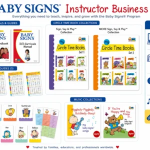 Baby Signs® Instructor Business Kit with instructor certification manuals, Quick Reference Guides, Circle Time Book Collections, Concept Cards, music, online training portal, and USB flash drive.