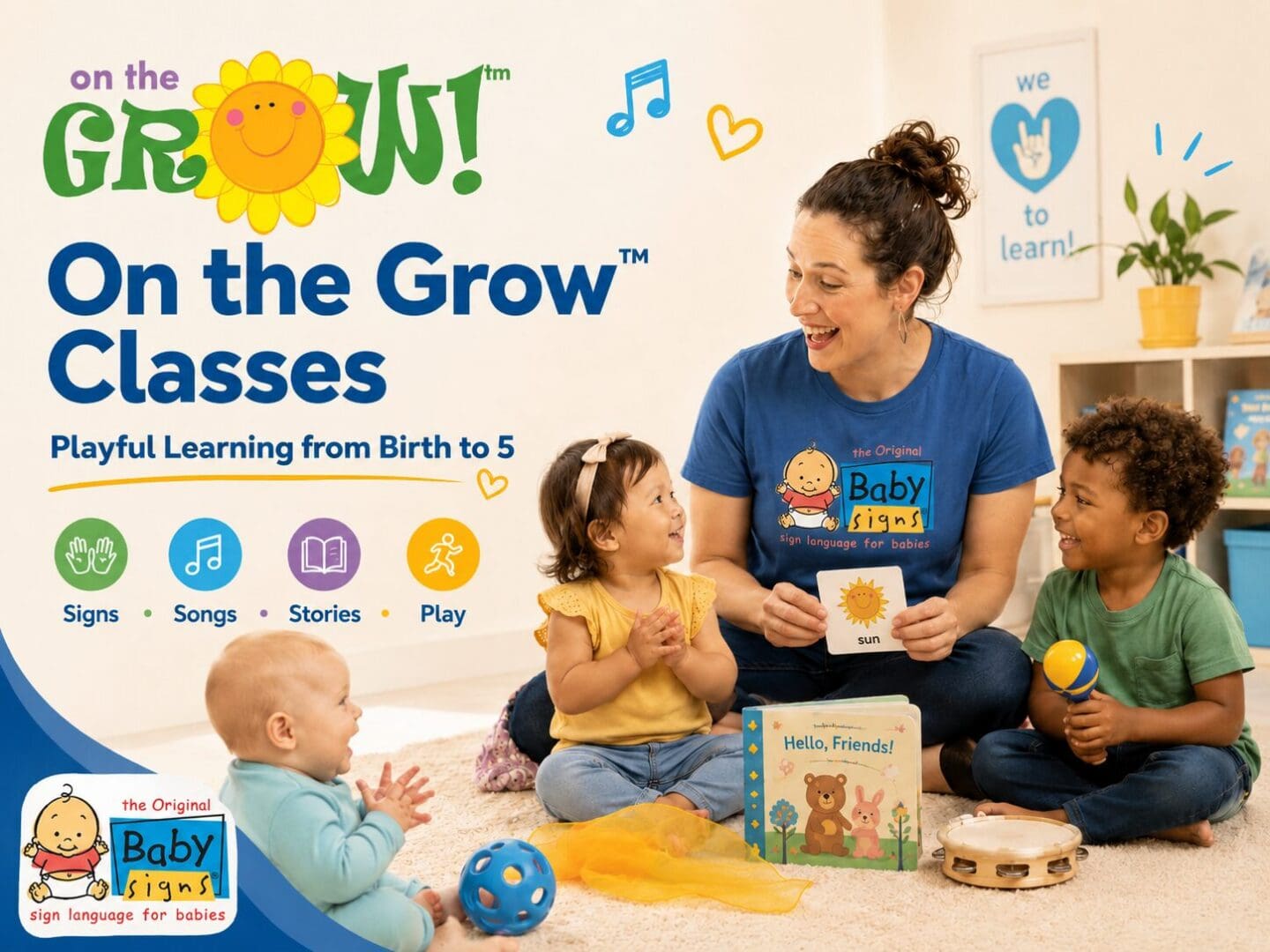 Baby Signs® instructor leading an On the Grow™ class with a baby, toddler, and preschooler using signs, songs, stories, and play.