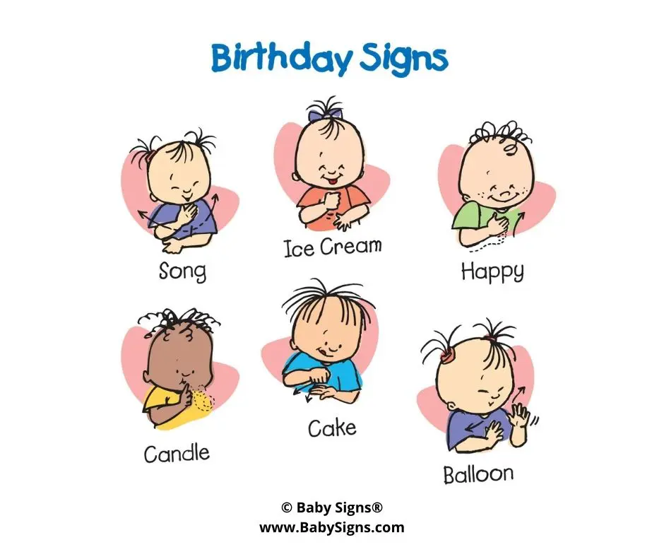Colorful illustrated poster featuring DiaperDoodle™ characters demonstrating six birthday signs: Balloon, Cake, Candle, Happy, Ice Cream, and Song.