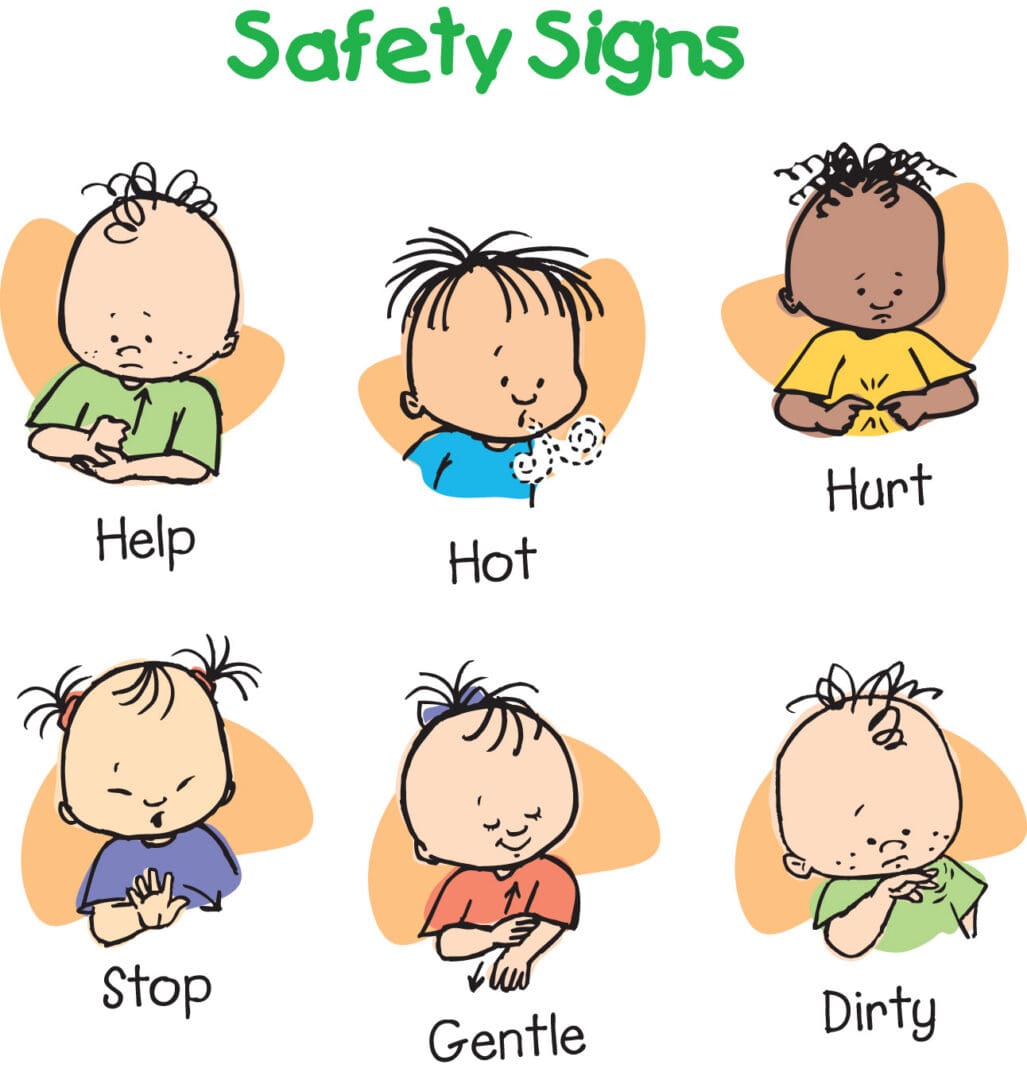 Baby Signs® safety graphic featuring DiaperDoodle characters demonstrating HELP, HURT, STOP, and WAIT.