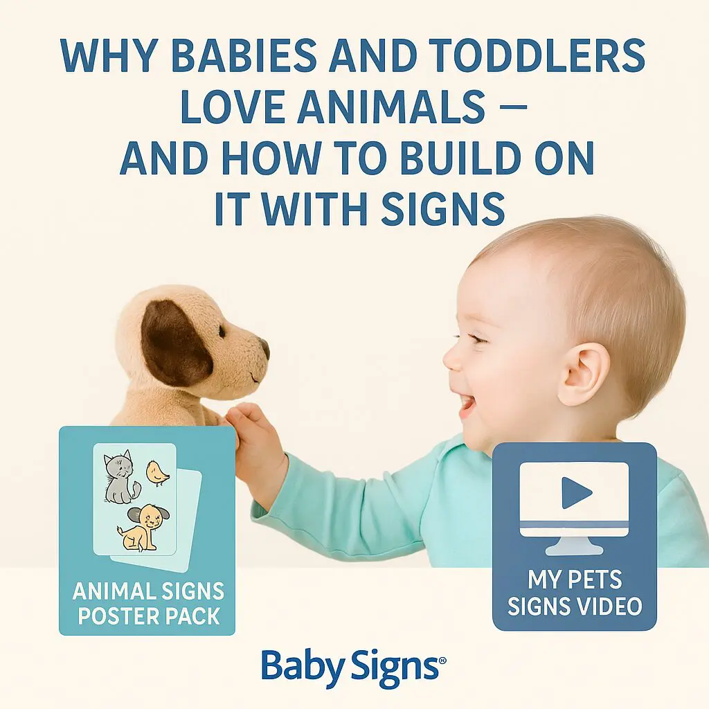 A smiling baby sits beside a golden retriever, celebrating the bond between babies and animals with the text “Why Babies Love Animals… and How Signs Bring It to Life.”