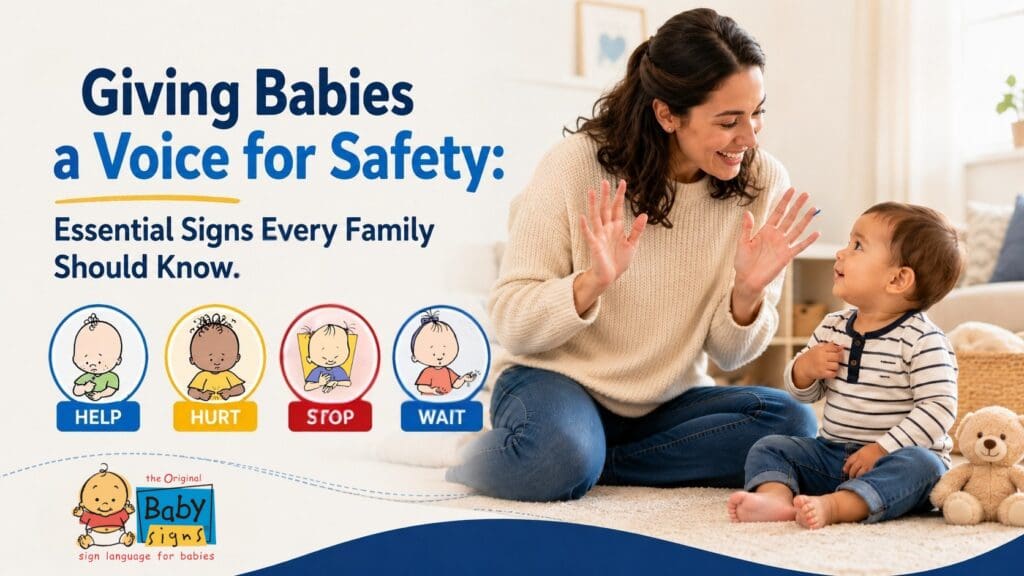 Parent using the ASL sign for WAIT with a toddler alongside Baby Signs® DiaperDoodle characters demonstrating HELP, HURT, STOP, and WAIT.