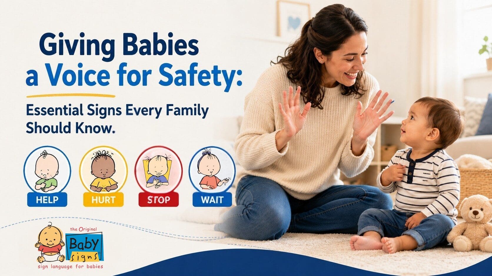 Parent using the ASL sign for WAIT with a toddler alongside Baby Signs® DiaperDoodle characters demonstrating HELP, HURT, STOP, and WAIT.