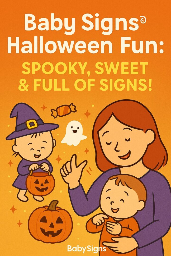 Illustration of a baby with Halloween elements like candy, ghost, and pumpkin promoting Baby Signs® for seasonal communication.