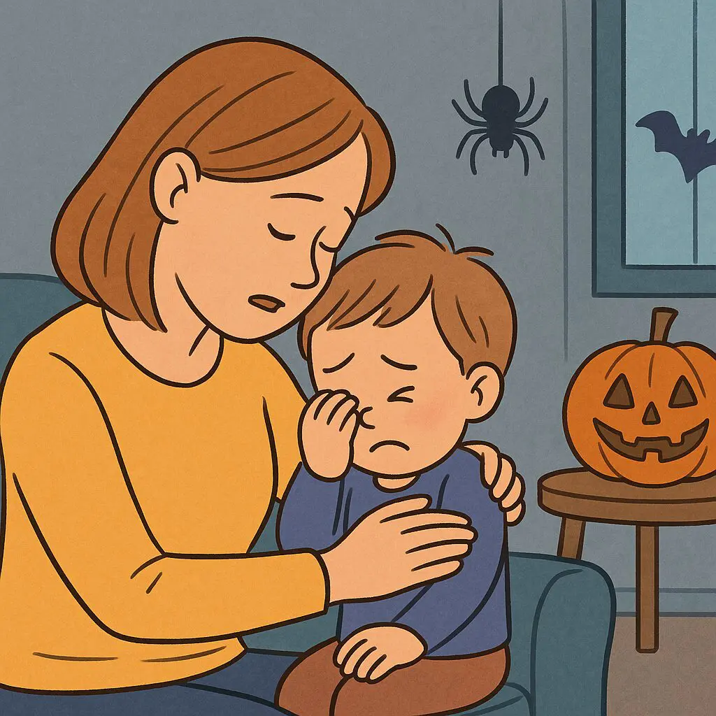 Illustration of a parent comforting a scared toddler during Halloween with a pumpkin and spider in the background, symbolizing reassurance and communication through Baby Signs®.