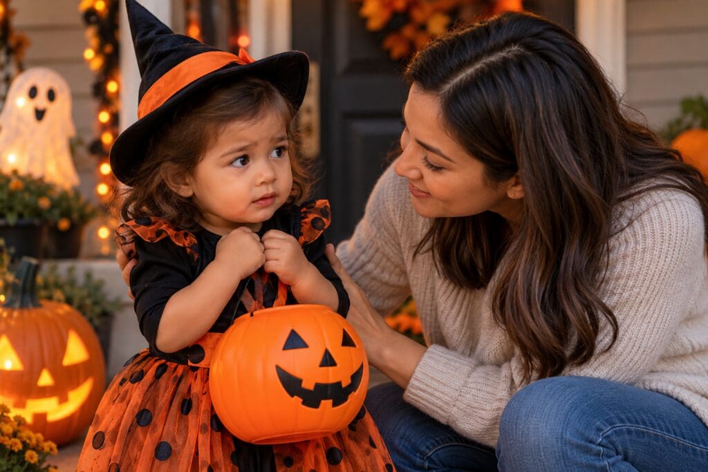 Parent comforting a hesitant toddler in a Halloween costume near pumpkins and decorations.