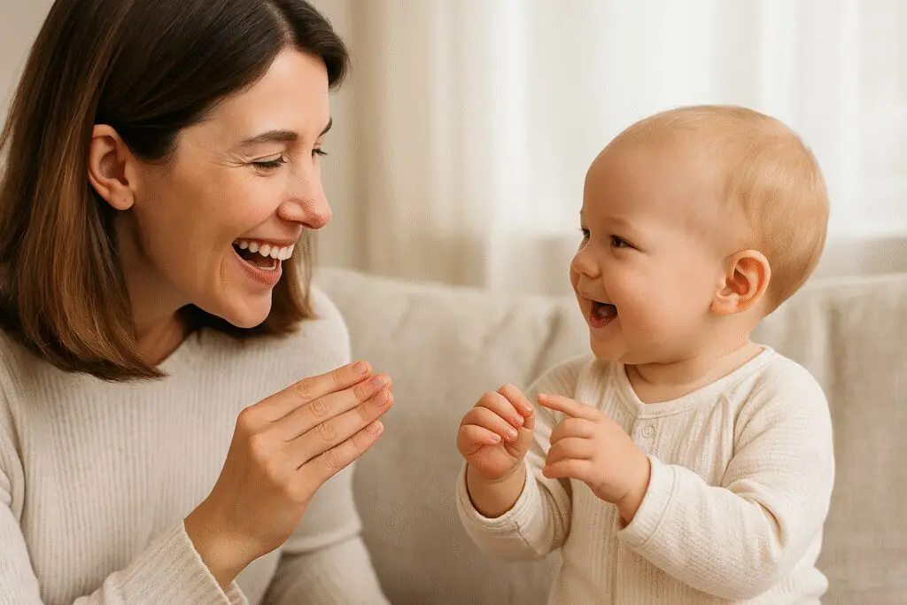 A smiling mother and baby make eye contact while practicing the Baby Signs® sign for “more,” highlighting early communication and bonding.