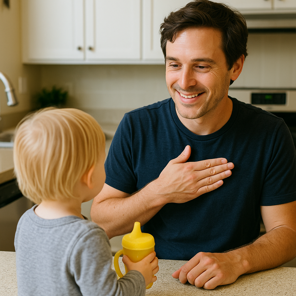 A smiling father signs “please” to his toddler during a kitchen routine, modeling Baby Signs® for positive communication.