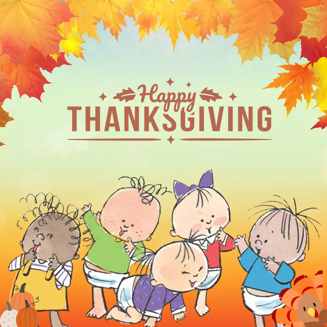 Illustration of Baby Signs® DiaperDoodle babies celebrating Thanksgiving with fall leaves and festive colors.