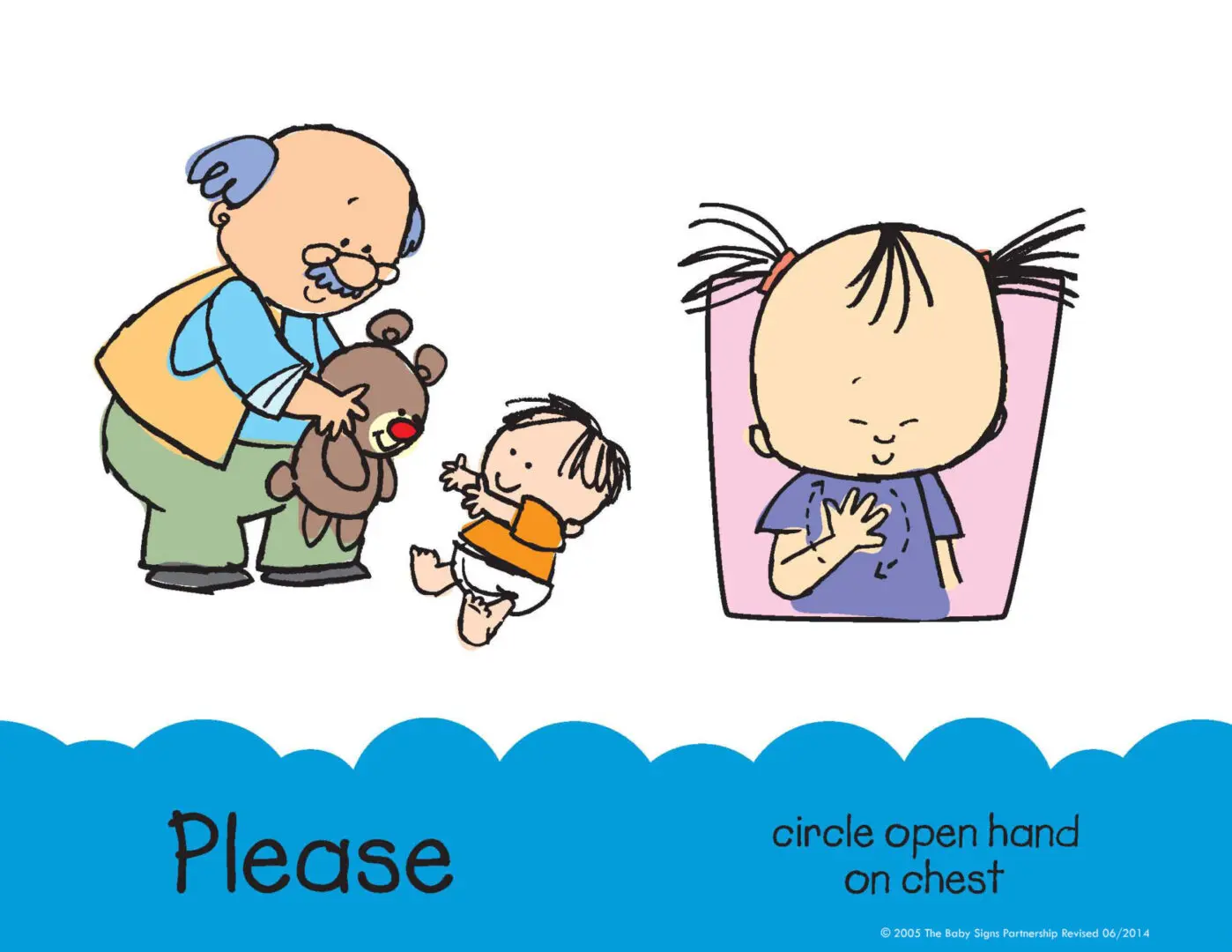 Illustration showing the Baby Signs® sign for “Please” with an adult giving a toy and a child circling an open hand on their chest.
