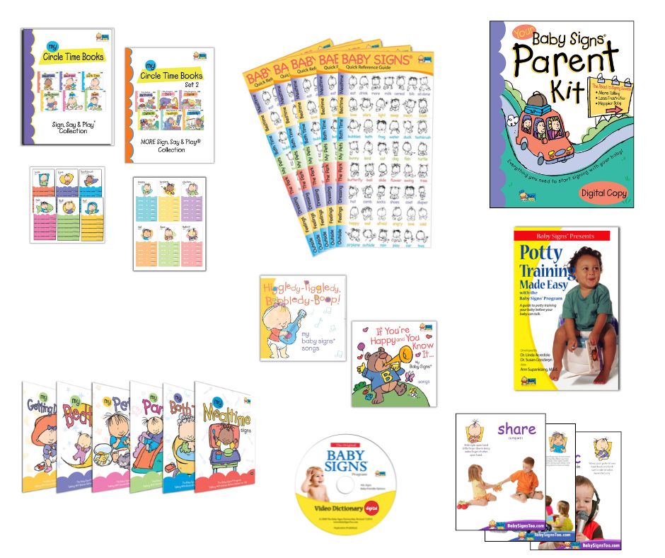 Collage of Baby Signs® products including board books, Quick Reference Guides, the Parent Kit, Circle Time Books, posters, songs, and the Potty Training Made Easy guide.
