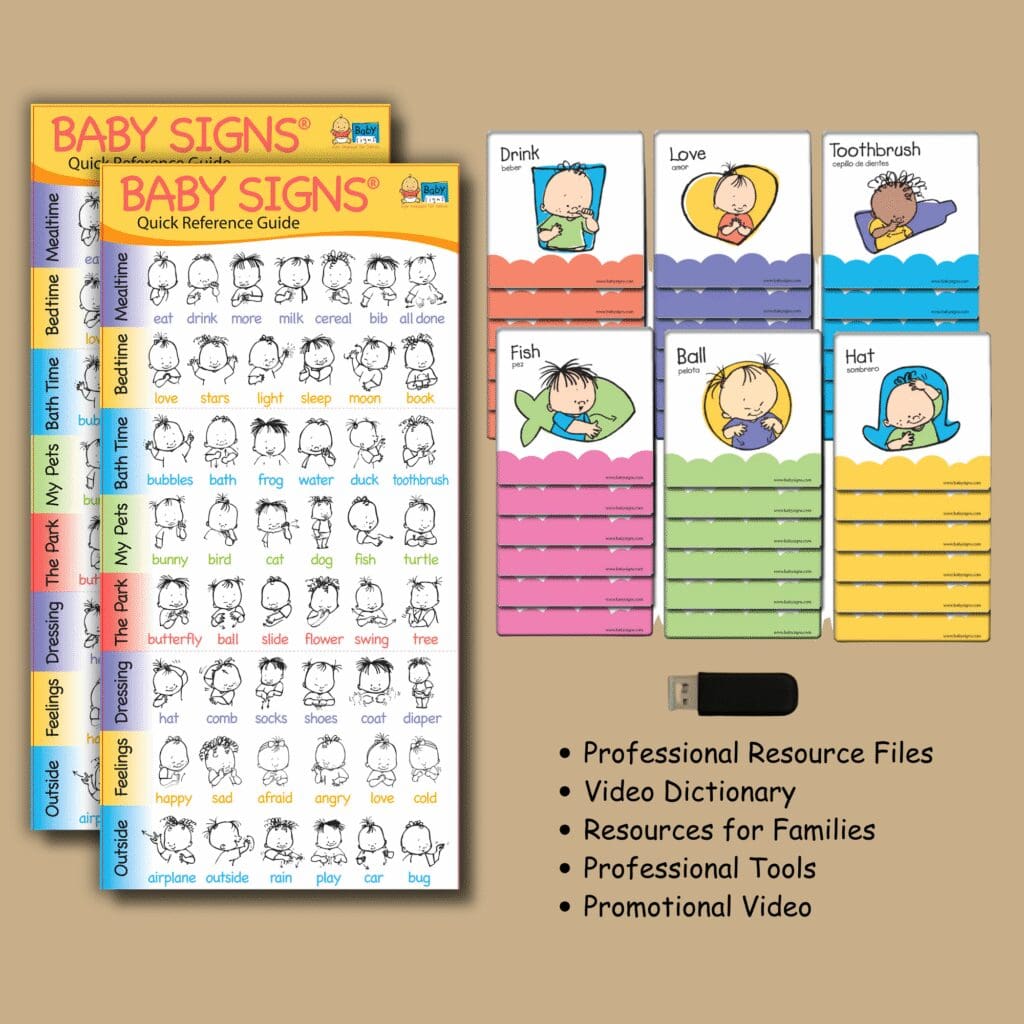 Baby Signs® Professional Development Kit components displayed, including the Quick Reference Guide, Spanish-inclusive Concept Cards Set 1, USB drive, and professional and family resource sheets.
