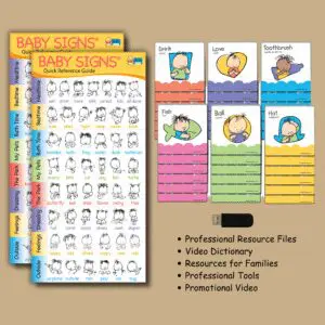Baby Signs® Professional Development Kit components displayed, including the Quick Reference Guide, Spanish-inclusive Concept Cards Set 1, USB drive, and professional and family resource sheets.