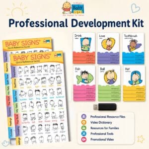 Baby Signs® Professional Development Kit components displayed, including the Quick Reference Guide, Spanish-inclusive Concept Cards Set 1, USB drive, and professional and family resource sheets.