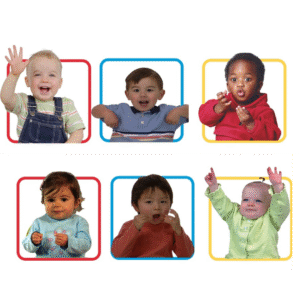 Six babies and toddlers demonstrating different Baby Signs®, each shown in a colorful frame to highlight a variety of early communication gestures.