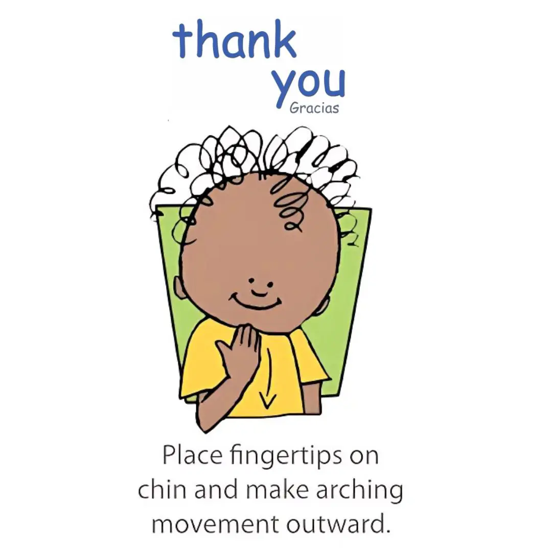 Illustration of a Baby Signs® DiaperDoodle child demonstrating the sign for “thank you” by moving fingertips from the chin outward.
