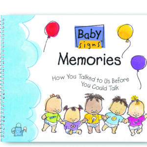 Baby Signs Memories journal cover showing illustrated babies holding hands with colorful balloons and spiral binding