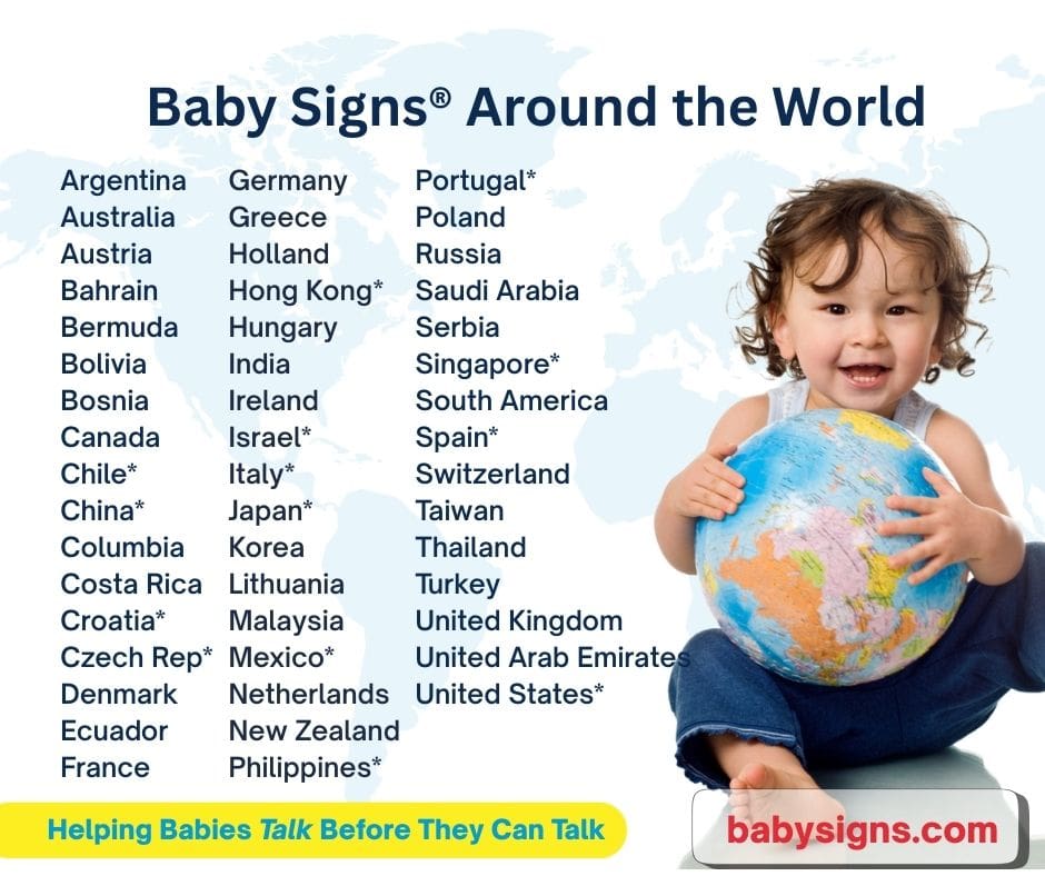Baby Signs program used worldwide with list of countries and child holding globe representing global reach